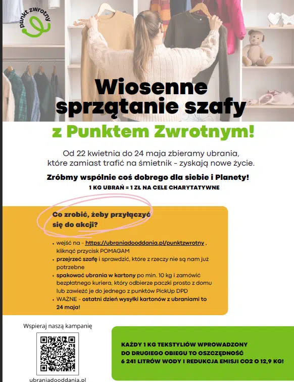 Plakat punkt zwrotny zbiórka ubrań na wiosnę